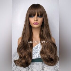 Rooted Light Brown Layered Wig with Full Bangs – Long Soft Waves, Natural Look